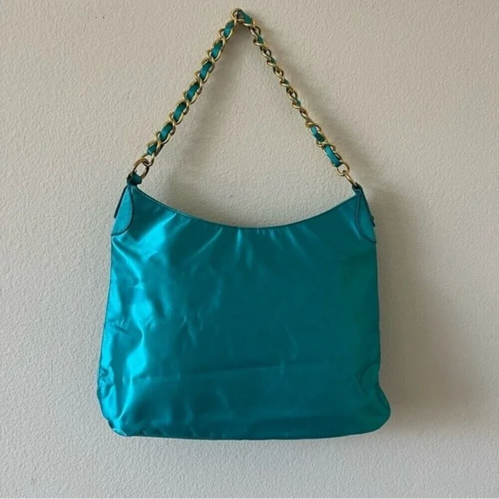 Vintage Bebe Y2K Turquoise Satin Logo Hobo Bag Teal Gold Chain